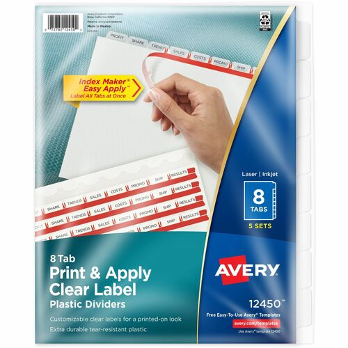 Avery® AVE12450 Index Maker Easy Apply Clear Label Divider - 8 X Divider(S) - Blank Tab(S) - 8 Tab(S)/Set - 8.50" Divider Width X 11" Divider Length - Letter - 3 Hole Punched - Plastic Divider - Clear Tab(S) - 5 / Pack