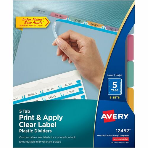 Avery® AVE12452 Index Maker Easy Apply Clear Label Divider - 5 X Divider(S) - Blank Tab(S) - 5 Tab(S)/Set - 8.50" Divider Width X 11" Divider Length - Letter - 3 Hole Punched - Plastic Divider - Assorted Plastic Tab(S) - 5 / Pack