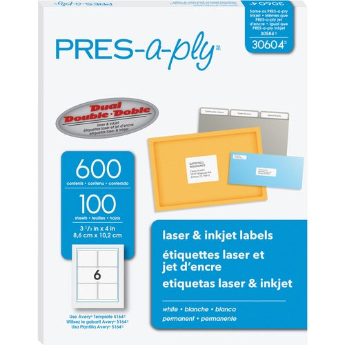 PRES-a-ply AVE30604 Pres-A-Ply Standard Shipping Label - Permanent Adhesive - 3.33" Width X 4" Length - Rectangle - Laser - White - 600 / Box