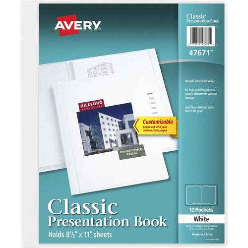 Avery® AVE47671 Classic Presentation Book - Letter - 8 1/2" X 11 1/2" Sheet Size - 12 Sheet Capacity - Internal Pocket(S) - Polypropylene - White - 1 Each