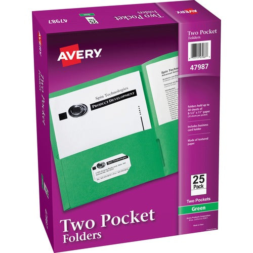 Avery® AVE47987 Two Pocket Folder - Letter - 8 1/2" X 11" Sheet Size - 20 Sheet Capacity - 2 Pocket(S) - Embossed Paper - Green - 25 / Box