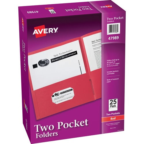 Avery® AVE47989 Two Pocket Folder - Letter - 8 1/2" X 11" Sheet Size - 20 Sheet Capacity - 2 Pocket(S) - Embossed Paper - Red - 25 / Box