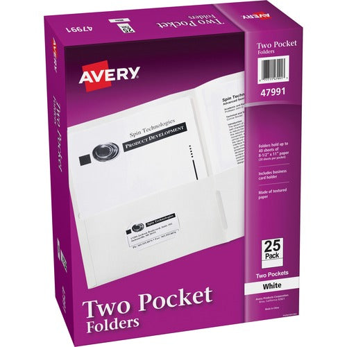 Avery® AVE47991 Two Pocket Folder - Letter - 8 1/2" X 11" Sheet Size - 20 Sheet Capacity - 2 Pocket(S) - Embossed Paper - White - 25 / Box