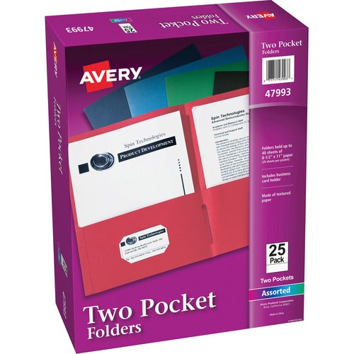 Avery® AVE47993 Two Pocket Folder - Letter - 8 1/2" X 11" Sheet Size - 20 Sheet Capacity - 2 Pocket(S) - Embossed Paper - Assorted - 25 / Box