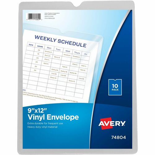 Avery® AVE74804 Top Thumb Notch Vinyl Envelopes - 9" X 12" Sheet Size - Vinyl - Clear - 10 / Pack