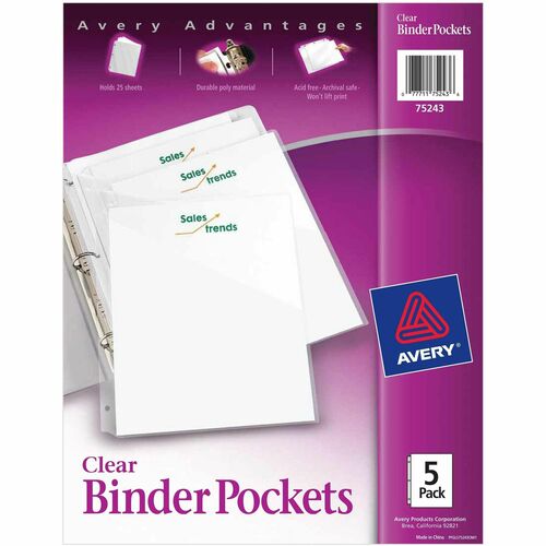 Avery® AVE75243 Durable 3-Ring Poly Binder Pocket - Letter - 8 1/2" X 11" Sheet Size - 20 Sheet Capacity - 3 X Ring Fastener(S) - Polypropylene - Clear - 5 / Pack