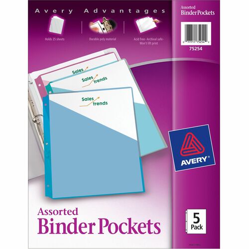 Avery® AVE75254 Durable 3-Ring Poly Binder Pocket - Letter - 8 1/2" X 11" Sheet Size - 20 Sheet Capacity - 3 X Ring Fastener(S) - Polypropylene - Assorted - 5 / Pack