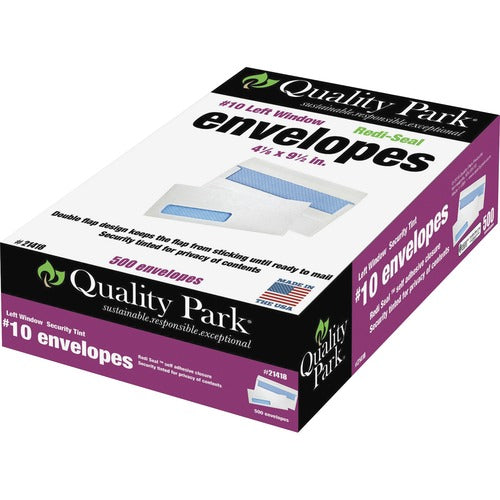 Quality Park QUA21418 Redi-Seal Security Window Envelope - Single Window - #10 - 4.13" Width X 9.50" Length - 24 Lb - Self-Sealing - Wove - 500 / Box - White