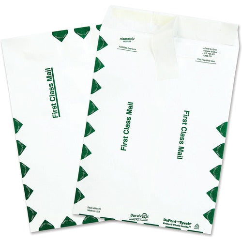 Survivor® QUAR1470 Survivor First Class Envelopes - First Class Mail - #10 1/2 - 9" Width X 12" Length - 14 Lb - Peel & Seal - Tyvek - 100 / Box - White