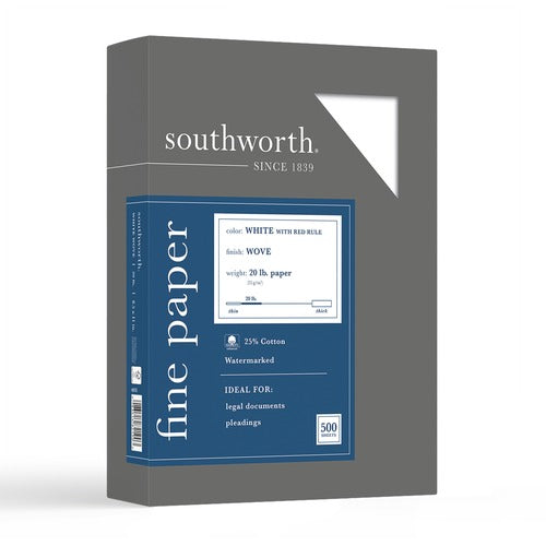 Southworth SOU403CR Red Ruled Business Paper - Letter - 8.50" X 11" - 20 Lb Basis Weight - Recycled - 25% Recycled Content - Wove - 500 / Box - White