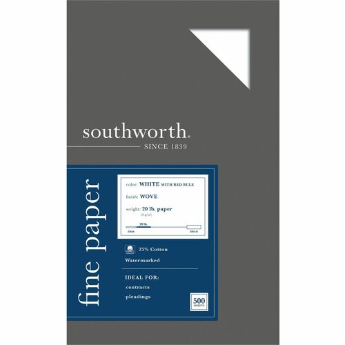 Southworth SOU403ER Red Ruled Business Paper - Legal - 8.50" X 14" - 20 Lb Basis Weight - Recycled - 25% Recycled Content - Wove - 500 / Box - White