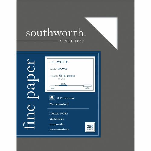 Southworth SOUJD18C Premium Weight 100% Business Cotton Paper - Letter - 8.50" X 11" - 32 Lb Basis Weight - Recycled - 100% Recycled Content - Wove - 250 / Box - White