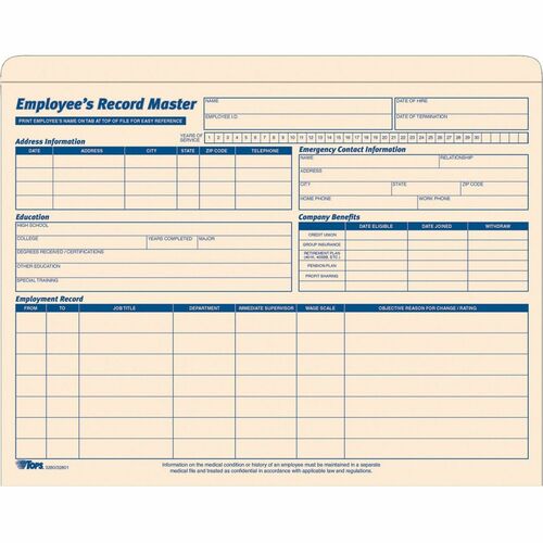 TOPS TOP3280 Employee Record Master File Jacket - Letter - 9 1/2" X 11 3/4", 8 1/2" X 11" Sheet Size - 10 Pt. Folder Thickness - Manila - Manila - 20 / Pack