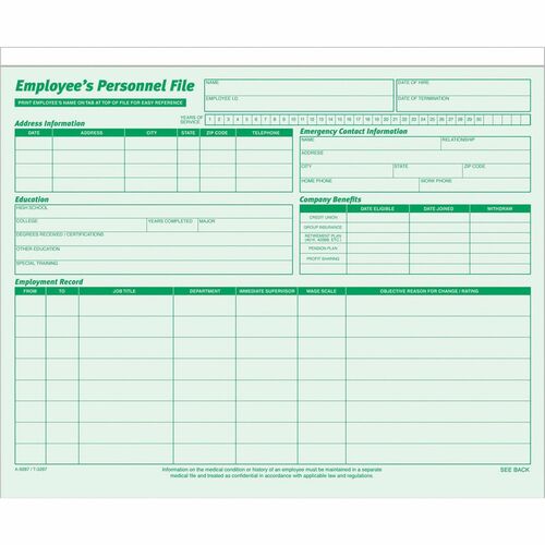 TOPS TOP3287 Employee Record Folder - 9 1/2" X 11 3/4" Sheet Size - Green - 20 / Pack