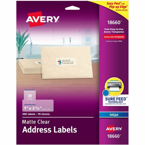 Avery® AVE18660 Mailing Label - Permanent Adhesive - 1" Width X 2.62" Length - 30 / Sheet - Rectangle - Inkjet - Clear - 10 / Pack