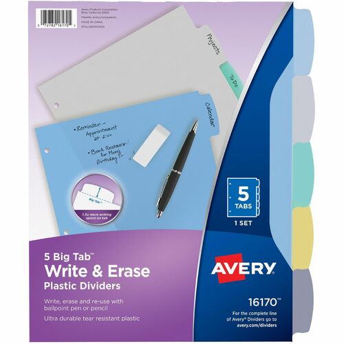 Avery® AVE16170 Big Tab™ Write & Erase Plastic Dividers, 5 tabs, 1 set