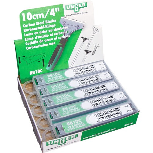 Unger UNGRB10C Replacement Blade - 4" Length X 15 Mil Thickness - Scraper Style - Double-Edged - Carbon Steel - 10 / Pack - Silver