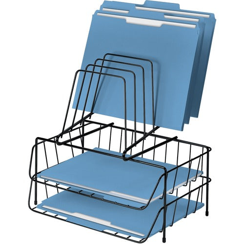 Fellowes FEL72391 Wire Double Tray With Step File - 6 Compartment(S) - 14" Height X 13.9" Width X 10.1" Depth - Desktop - Black - Steel - 1Each