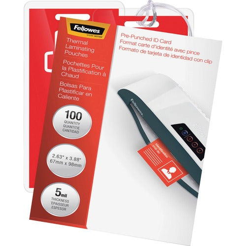 Fellowes FEL52016 Glossy Pouches - Id Tag Punched, 5 Mil, 100 Pack - Laminating Pouch/Sheet Size: 3.88" Width X 2.63" Length X 5 Mil Thickness - For Document, Id Badge, Id Card - Durable, Pre-Punched - Clear - 100 / Pack