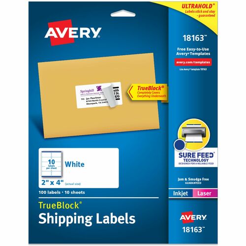 Avery® AVE18163 Shipping Label - Permanent Adhesive - 2" Width X 4" Length - 10 / Sheet - Rectangle - Laser, Inkjet - White - 100 / Pack