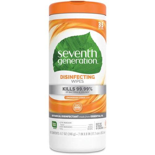 Seventh Generation SEV22812 Disinfecting Multi-Surface Wipes - Wipe - Lemongrass, Citrus Scent - 35 / Each