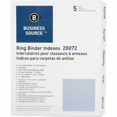 Business Source BSN20072 3-Ring 5-Tab Erasable Tab Indexes