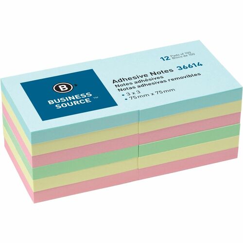 Business Source BSN36614 3" Plain Pastel Colors Adhesive Notes