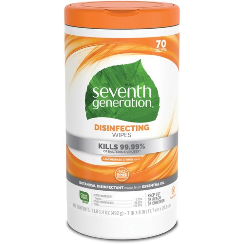 Seventh Generation SEV22813 Disinfecting Multi-Surface Wipes - Wipe - 26 Oz (1.62 Lb) - Lemongrass, Citrus Scent - 70 / Each - White