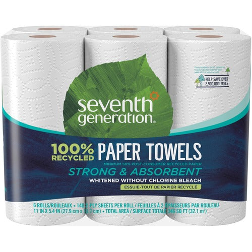 Seventh Generation SEV13731 100% Recycled Paper Towel Rolls - 2 Ply - 11" X 5.40" - 140 Sheets/Roll - White - Paper - Absorbent, Hypoallergenic, Strong, Dye-Free, Perforated, Fragrance-Free, Non-Chlorine Bleached - 6 / Pack