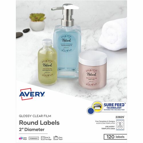 Avery® AVE22825 Promotional Label - Permanent Adhesive - 2" Diameter - 12 / Sheet - Circle - Inkjet, Laser - Clear - 144 / Pack