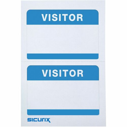 SICURIX BAU67630 Self-Adhesive Visitor Badge - Removable Adhesive - 3.50" Width X 2.25" Length - Rectangle - White, Blue - 100 / Box
