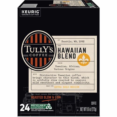 Tully's® Coffee GMT6606 K-Cup, Pod Hawaiian Blend Keurig Single-Serve K-Cup Pods, Medium Roast Coffee, 24 Count