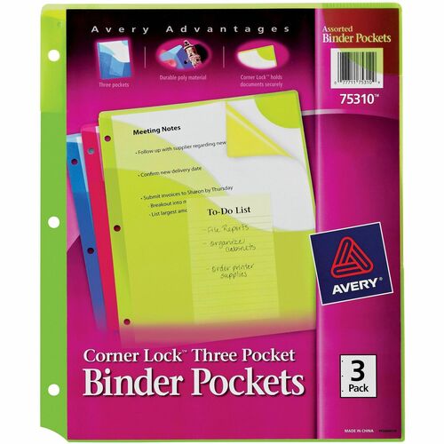 Avery® AVE75310 Corner Lock Three Pocket Binder Pockets - 20 X Page Capacity - For Letter 8.50" X 11" Sheet - 3 X Holes - Ring Binder - Rectangular - Assorted, Pink, Blue - Polypropylene - 3 / Pack
