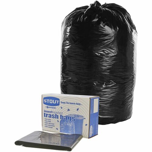 Stout STOP3340K13R Insect Repellent Trash Liners - 30 Gal - 51.18 Mil (1300 Micron) Thickness - Black - 10/Box - Multipurpose