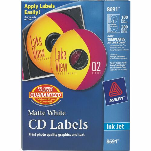 Avery® AVE8691 Matte Cd Label - Permanent Adhesive Length - 2 / Sheet - Circle - Inkjet - White - 100 / Pack