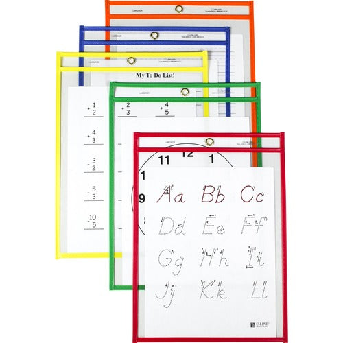 C-Line CLI40620 Reusable Dry Erase Pockets- Assorted Primary Colors - 9" x 12"