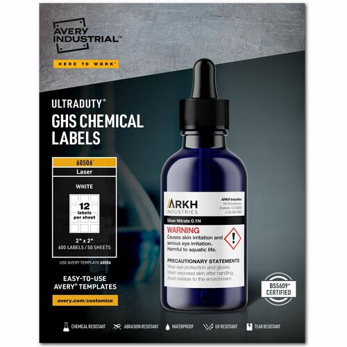Avery® AVE60506 Ultraduty Ghs Chemical Laser Labels - Permanent Adhesive - "2" Width X 2" Length - 12 / Sheet - Square - Laser - White - Polyester Film - 600 / Box
