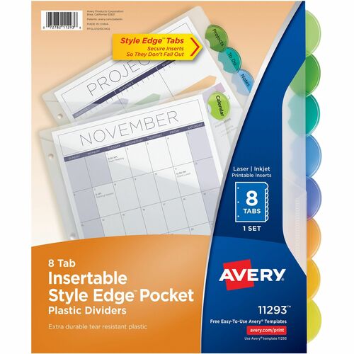 Avery® AVE11293 Avery® Insertable Style Edge Plastic Dividers with Pockets, 8-tab