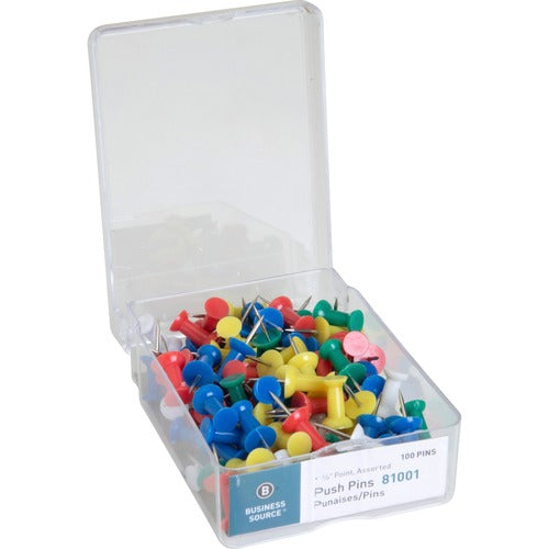 Business Source BSN81001 Push Pin - 0.50" Head - 100 Pack - Assorted - Steel
