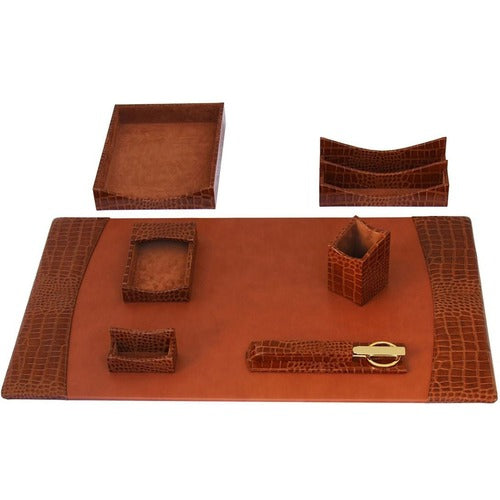 Protacini DACD6104 Cognac Brown Italian Patent Leather 7-Piece Desk Set
