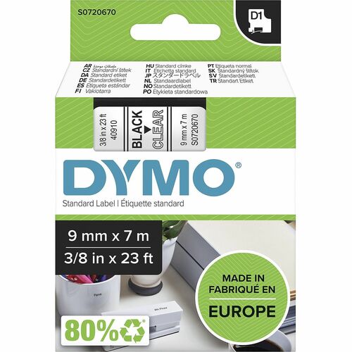 Dymo DYMS0720670 S0720670 D1 40910 Tape 9mm x 7m Black on Clear