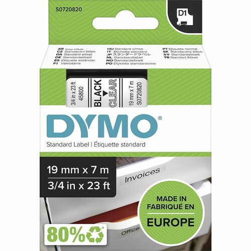 Dymo DYMS0720820 S0720820 D1 45800 Tape 19mm x 7m Black on Clear