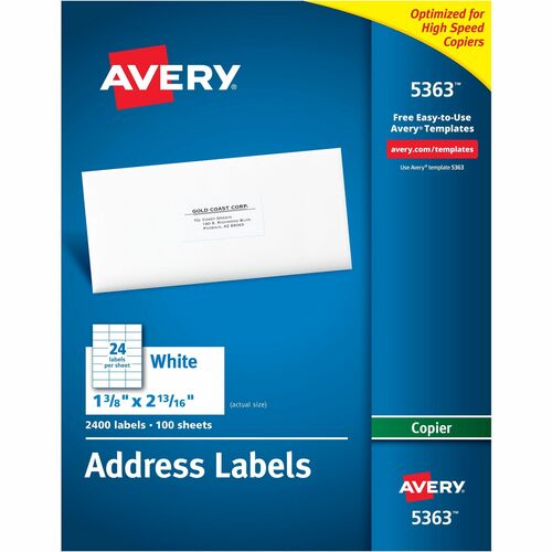 Avery® AVE5363 Copier Mailing Label - Permanent Adhesive - 1.37" Width X 2.81" Length - Rectangle - White - 2400 / Box