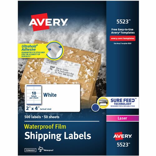 Avery® AVE5523 Weather Proof Mailing Label - Permanent Adhesive - "2" Width X 4" Length - 10 / Sheet - Rectangle - Laser - White - Polyester - 500 / Pack