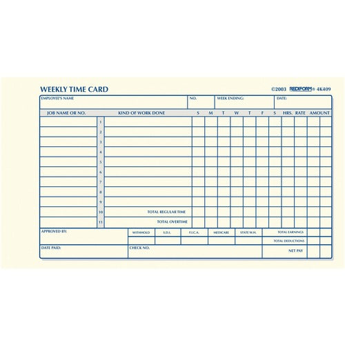 Rediform RED4K409 Weekly Time Cards