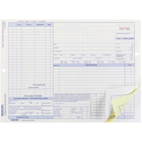 Rediform RED4P487 3-part Auto Repair Order Forms